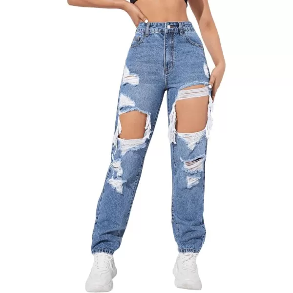 SweatyRocks Women's Ripped Straight Leg Jeans High Waist Distressed Cutout Denim Pants