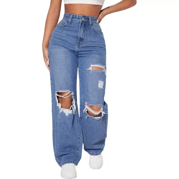 SweatyRocks Women's Ripped Straight Leg Jeans High Waist Distressed Cutout Denim Pants