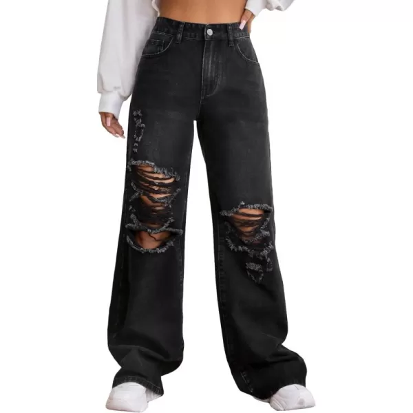 SweatyRocks Women's Ripped Straight Leg Jeans High Waist Distressed Cutout Denim Pants