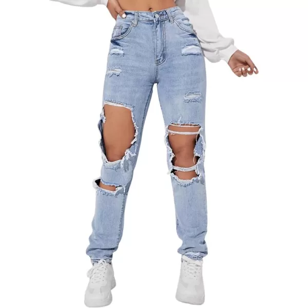 SweatyRocks Women's Ripped Straight Leg Jeans High Waist Distressed Cutout Denim Pants