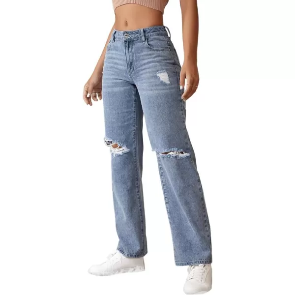 SweatyRocks Women's Ripped Straight Leg Jeans High Waist Distressed Cutout Denim Pants