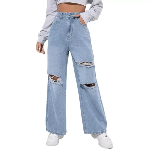 SweatyRocks Women's Ripped Straight Leg Jeans High Waist Distressed Cutout Denim Pants