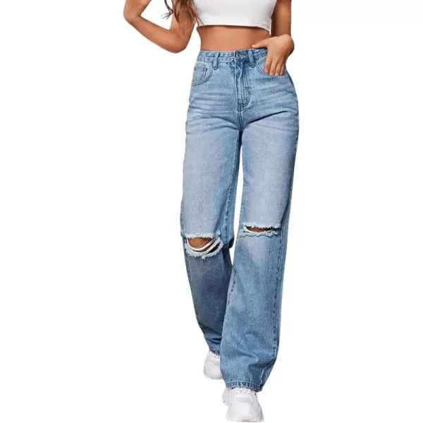 SweatyRocks Women's Ripped Straight Leg Jeans High Waist Distressed Cutout Denim Pants