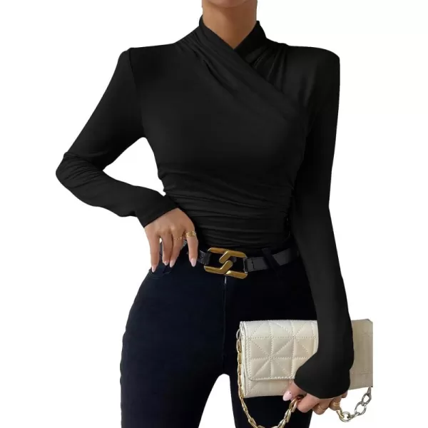 SweatyRocks Women's Ruched Mock Neck Long Sleeve T Shirt Solid Slim Fitted Tee Tops