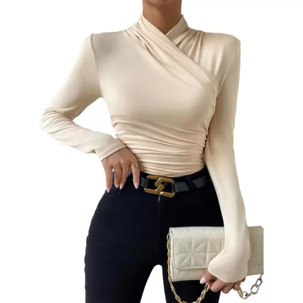SweatyRocks Women's Ruched Mock Neck Long Sleeve T Shirt Solid Slim Fitted Tee Tops