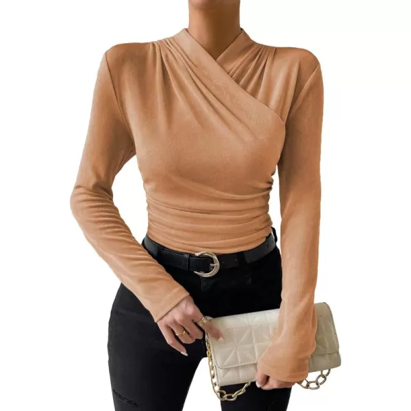SweatyRocks Women's Ruched Mock Neck Long Sleeve T Shirt Solid Slim Fitted Tee Tops