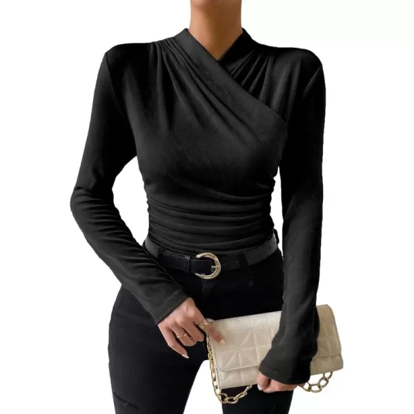 SweatyRocks Women's Ruched Mock Neck Long Sleeve T Shirt Solid Slim Fitted Tee Tops