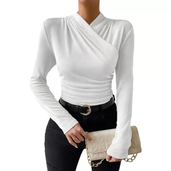 SweatyRocks Women's Ruched Mock Neck Long Sleeve T Shirt Solid Slim Fitted Tee Tops