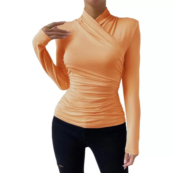 SweatyRocks Women's Ruched Mock Neck Long Sleeve T Shirt Solid Slim Fitted Tee Tops