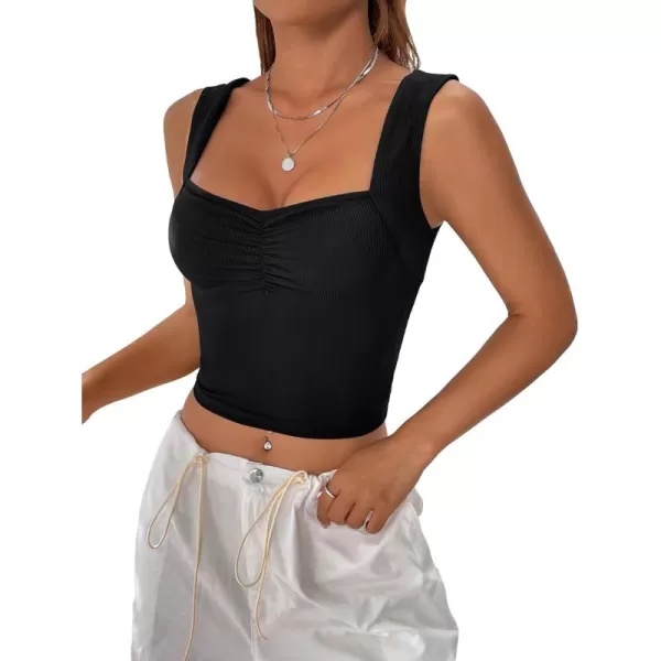 SweatyRocks Women's Ruched Wide Strap Tank Top Sleeveless Square Neck Casual Basic Cropped Tops