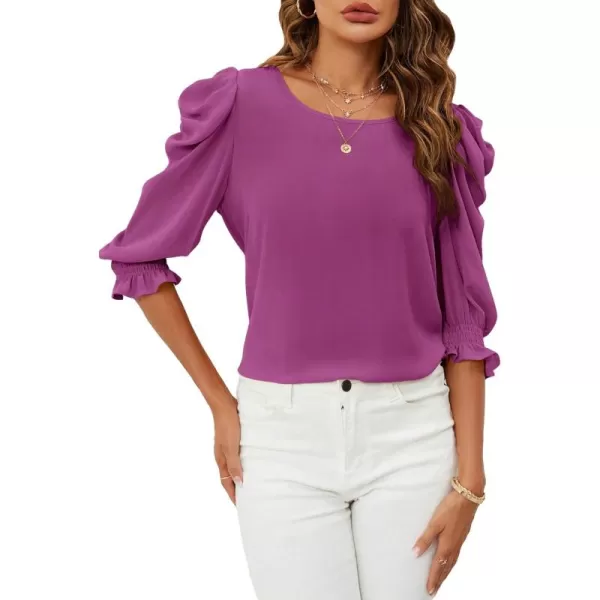 SweatyRocks Women's Ruffle Blouse 3/4 Puff Sleeve Round Neck Pullover Office Shirt Tops