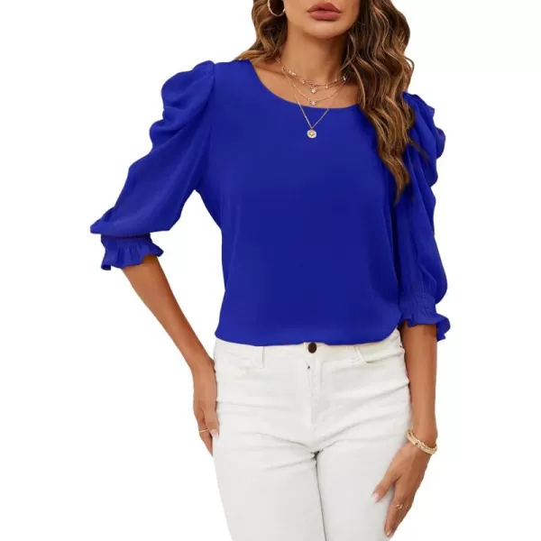SweatyRocks Women's Ruffle Blouse 3/4 Puff Sleeve Round Neck Pullover Office Shirt Tops