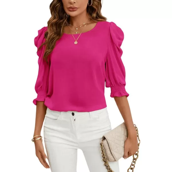 SweatyRocks Women's Ruffle Blouse 3/4 Puff Sleeve Round Neck Pullover Office Shirt Tops