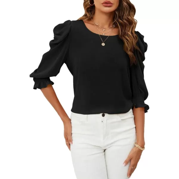 SweatyRocks Women's Ruffle Blouse 3/4 Puff Sleeve Round Neck Pullover Office Shirt Tops