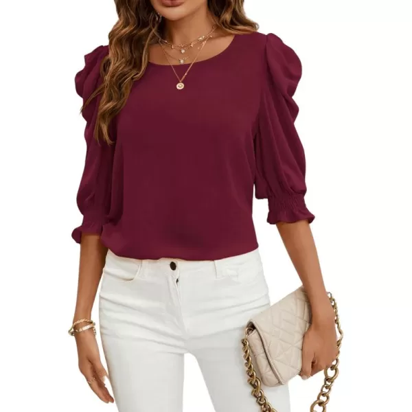 SweatyRocks Women's Ruffle Blouse 3/4 Puff Sleeve Round Neck Pullover Office Shirt Tops
