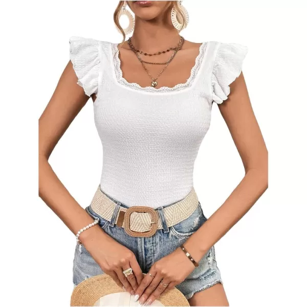 SweatyRocks Women's Ruffle Cap Sleeve Square Neck Tee Top Contrast Lace Slim Fit T Shirts