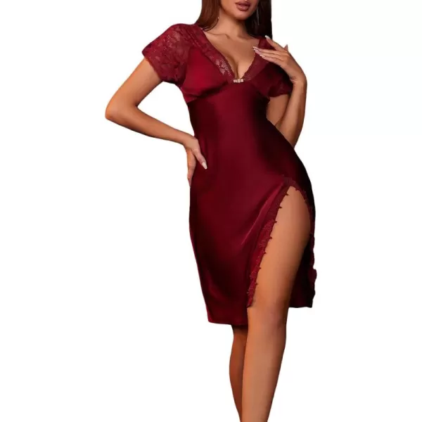 SweatyRocks Women's Satin Nightgown Tie Back Sleepwear Lace V Neck Chemise Side Slits Nightie Short Sleeve Sleepdress