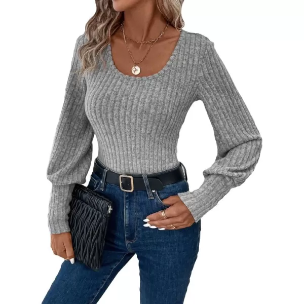 SweatyRocks Women's Scoop Neck Long Lantern Sleeve Bodysuit Ribbed Knit Jumpsuit