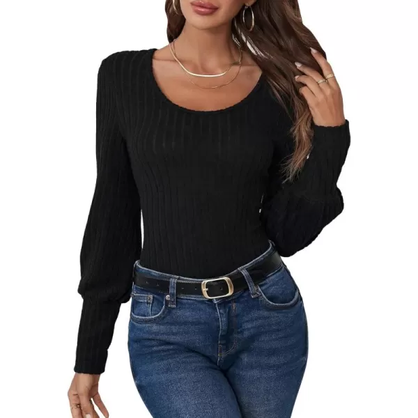 SweatyRocks Women's Scoop Neck Long Lantern Sleeve Bodysuit Ribbed Knit Jumpsuit