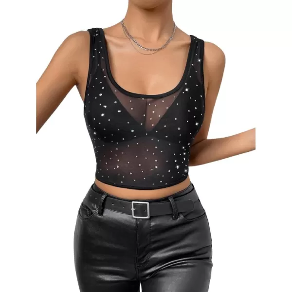 SweatyRocks Women's Scoop Neck Sheer Mesh Crop Tank Top Rhinestone Slim Fit Party Tops