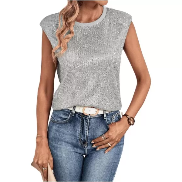 SweatyRocks Women's Sequin Cap Sleeve Round Neck Tank Top Sleeveless Loose Fit Blouse Shirt