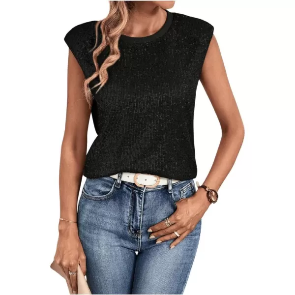 SweatyRocks Women's Sequin Cap Sleeve Round Neck Tank Top Sleeveless Loose Fit Blouse Shirt