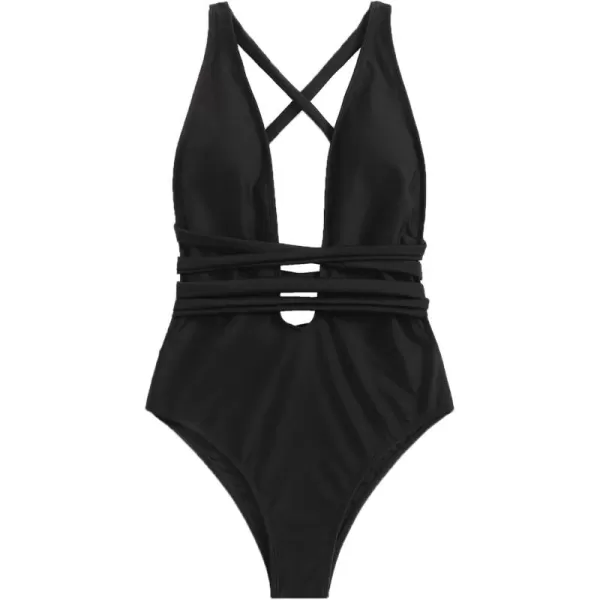 SweatyRocks Women's Sexy Basic Criss Cross Tie Knot Front Deep V Open Back One Piece Swimwear