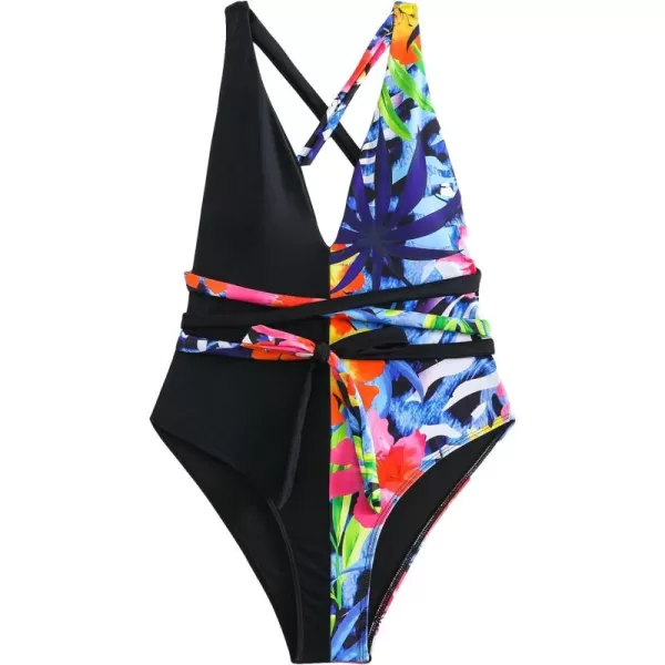 SweatyRocks Women's Sexy Basic Criss Cross Tie Knot Front Deep V Open Back One Piece Swimwear