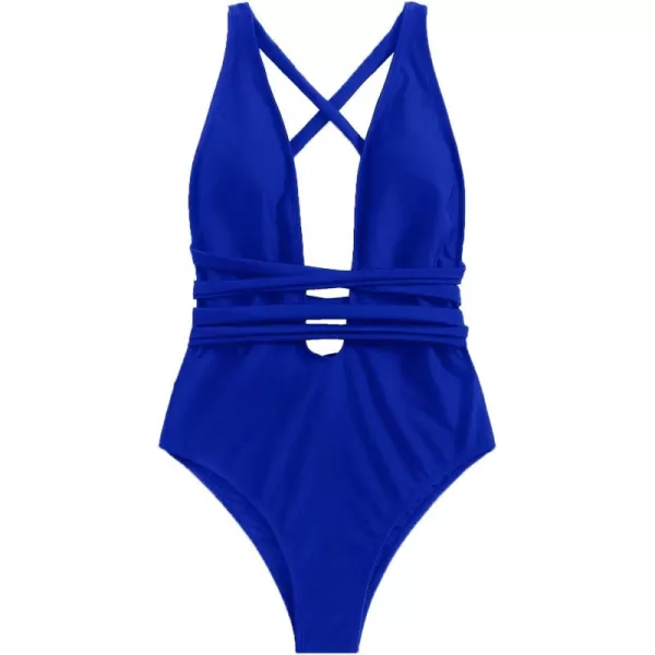 SweatyRocks Women's Sexy Basic Criss Cross Tie Knot Front Deep V Open Back One Piece Swimwear
