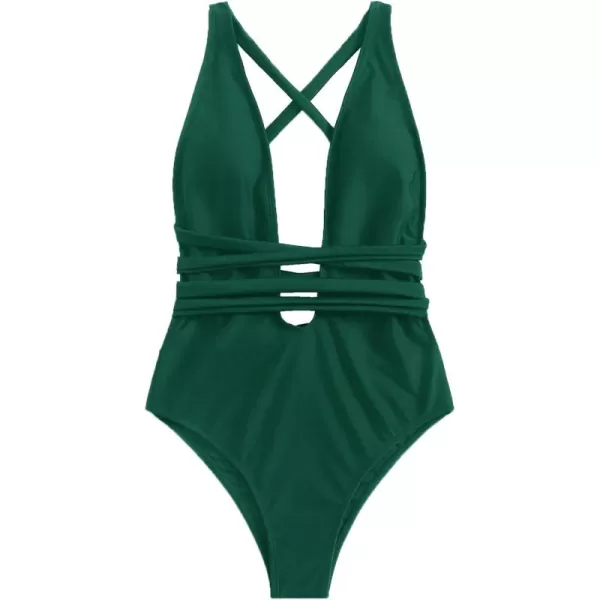 SweatyRocks Women's Sexy Basic Criss Cross Tie Knot Front Deep V Open Back One Piece Swimwear