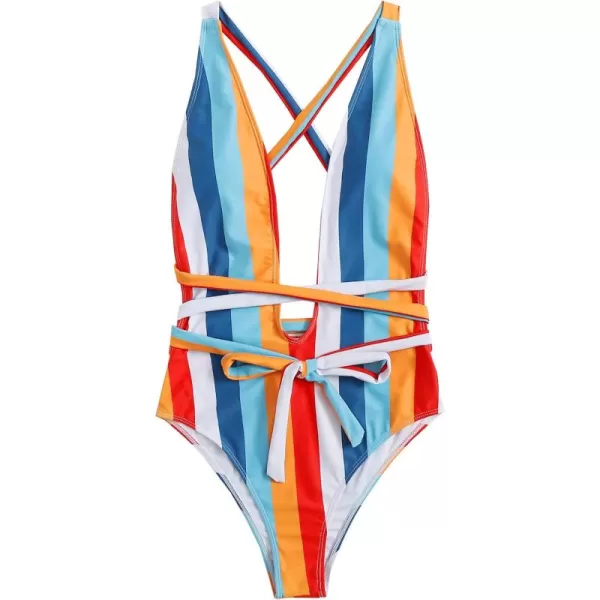 SweatyRocks Women's Sexy Basic Criss Cross Tie Knot Front Deep V Open Back One Piece Swimwear