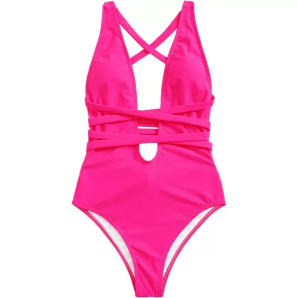 SweatyRocks Women's Sexy Basic Criss Cross Tie Knot Front Deep V Open Back One Piece Swimwear