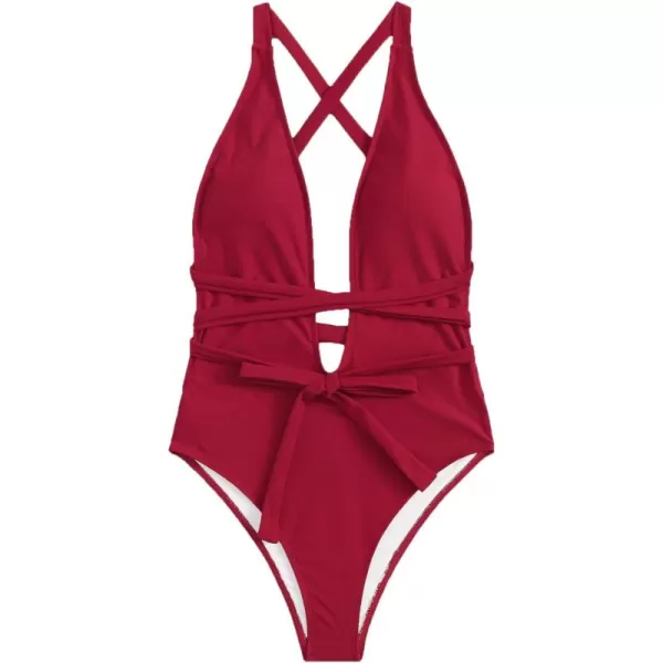 SweatyRocks Women's Sexy Basic Criss Cross Tie Knot Front Deep V Open Back One Piece Swimwear
