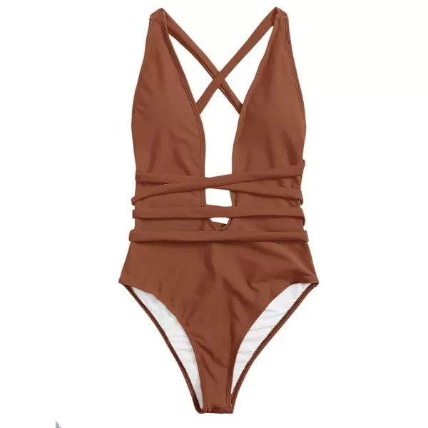 SweatyRocks Women's Sexy Basic Criss Cross Tie Knot Front Deep V Open Back One Piece Swimwear