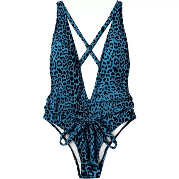 SweatyRocks Women's Sexy Bathing Suits Criss Cross Tie Knot Front Deep V Open Back Leopard One Piece Swimwear