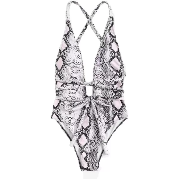 SweatyRocks Women's Sexy Bathing Suits Criss Cross Tie Knot Front Deep V Open Back Leopard One Piece Swimwear
