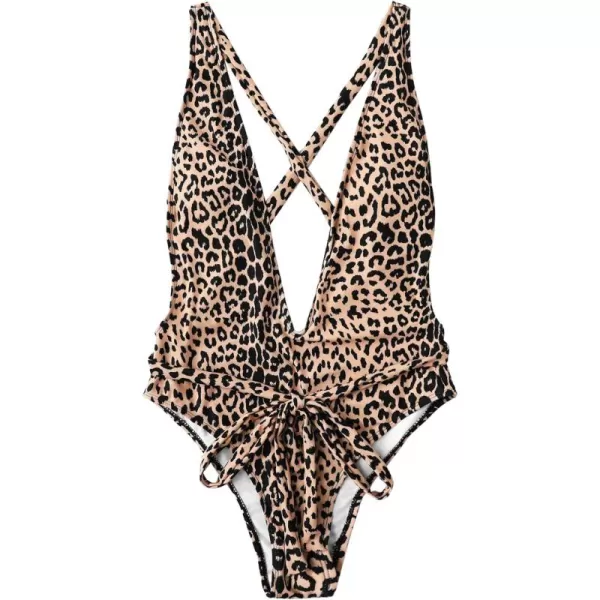 SweatyRocks Women's Sexy Bathing Suits Criss Cross Tie Knot Front Deep V Open Back Leopard One Piece Swimwear
