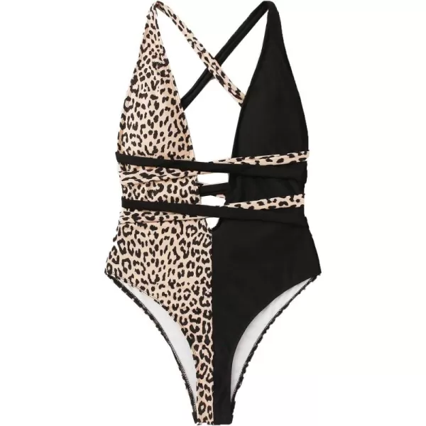 SweatyRocks Women's Sexy Bathing Suits Criss Cross Tie Knot Front Deep V Open Back Leopard One Piece Swimwear