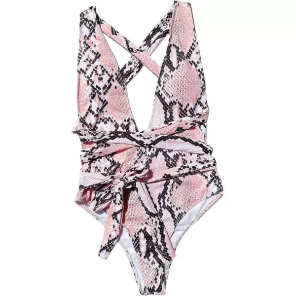 SweatyRocks Women's Sexy Bathing Suits Criss Cross Tie Knot Front Deep V Open Back Leopard One Piece Swimwear