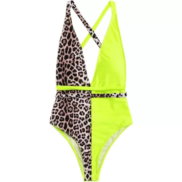 SweatyRocks Women's Sexy Bathing Suits Criss Cross Tie Knot Front Deep V Open Back Leopard One Piece Swimwear