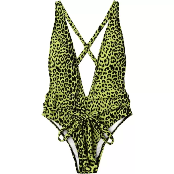 SweatyRocks Women's Sexy Bathing Suits Criss Cross Tie Knot Front Deep V Open Back Leopard One Piece Swimwear