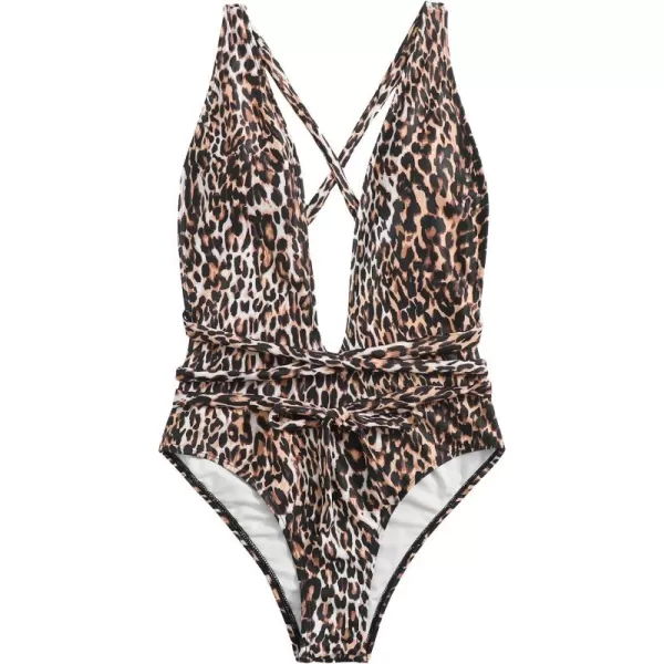 SweatyRocks Women's Sexy Bathing Suits Criss Cross Tie Knot Front Deep V Open Back Leopard One Piece Swimwear