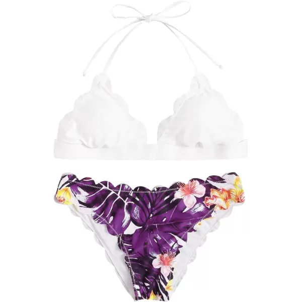 SweatyRocks Women's Sexy Bathing Suits Scallop Halter Bikini Top Floral Print Two Piece Swimsuits
