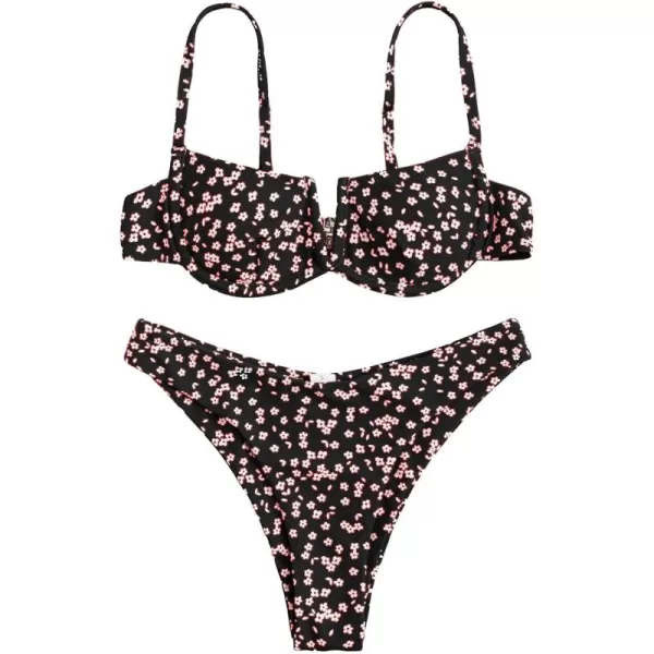 SweatyRocks Women's Sexy Bathing Suits Spaghetti Strap Floral Bikini Set Underwire Swimsuit
