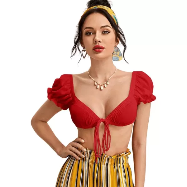 SweatyRocks Women's Sexy Tie Front Crop Top Deep V Neck Puff Short Sleeve Casual Blouse Shirt