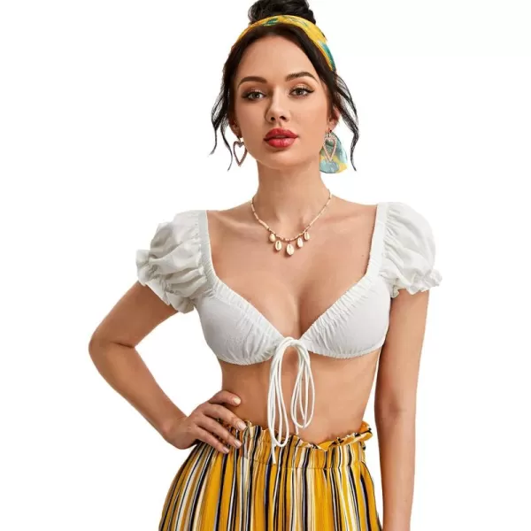 SweatyRocks Women's Sexy Tie Front Crop Top Deep V Neck Puff Short Sleeve Casual Blouse Shirt