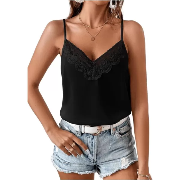 SweatyRocks Women's Sheer Lace V Neck Backless Tank Sleeveless Spaghetti Strap Tops