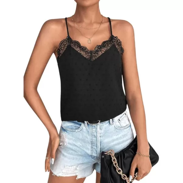 SweatyRocks Women's Sheer Lace V Neck Backless Tank Sleeveless Spaghetti Strap Tops