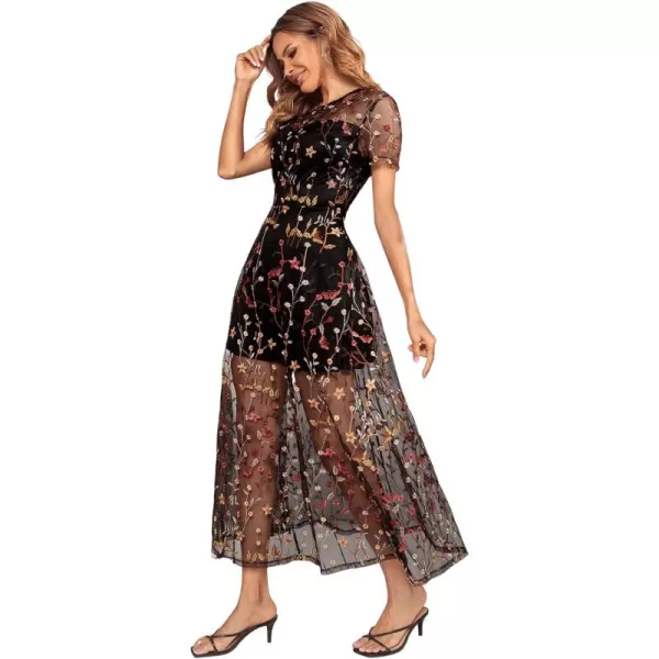 SweatyRocks Women's Sheer Mesh Short Sleeve Round Neck Dress Floral A Line Long Dresses