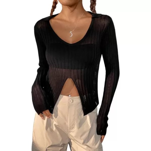 SweatyRocks Women's Sheer Split Hem Lightweight Sweater Long Sleeve V Neck Crop Top